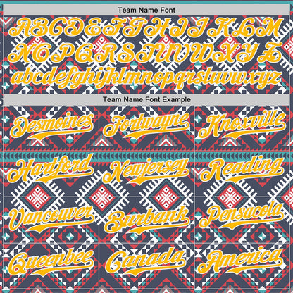 Custom Navy Gold Red Green-White Burning Man Aztec Tribal Geometric Authentic Baseball Jersey