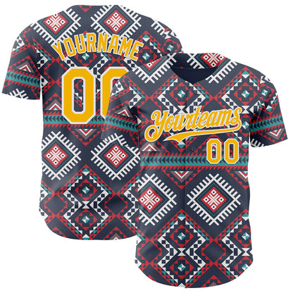 Custom Navy Gold Red Green-White Burning Man Aztec Tribal Geometric Authentic Baseball Jersey