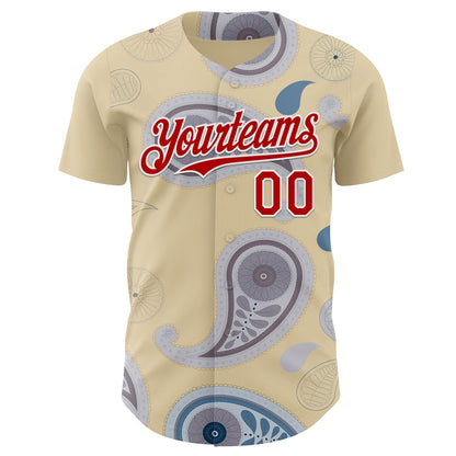 Custom Cream Red Gray-White Burning Man Paisley Bandana Rave Authentic Baseball Jersey