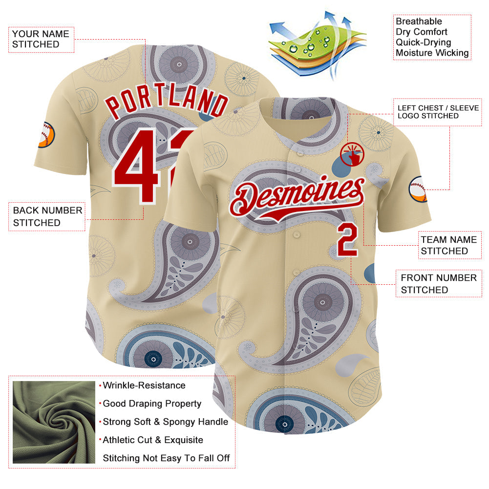 Custom Cream Red Gray-White Burning Man Paisley Bandana Rave Authentic Baseball Jersey