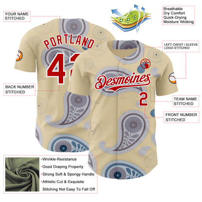 Custom Cream Red Gray-White Burning Man Paisley Bandana Rave Authentic Baseball Jersey