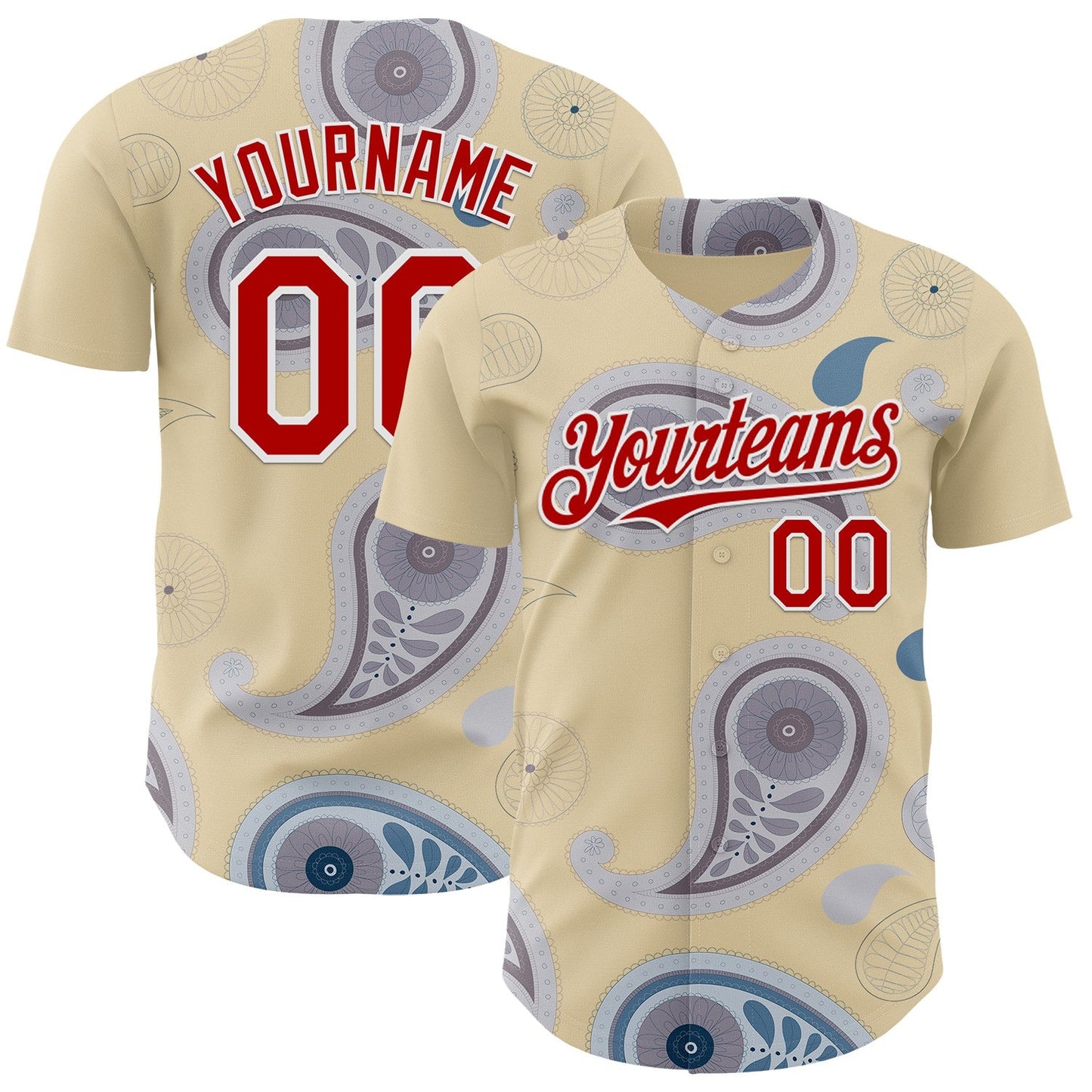Custom Cream Red Gray-White Burning Man Paisley Bandana Rave Authentic Baseball Jersey