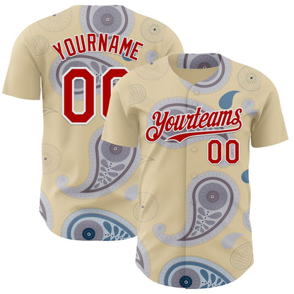 Custom Cream Red Gray-White Burning Man Paisley Bandana Rave Authentic Baseball Jersey