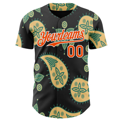 Custom Black Orange Yellow Green-White Burning Man Paisley Bandana Rave Authentic Baseball Jersey