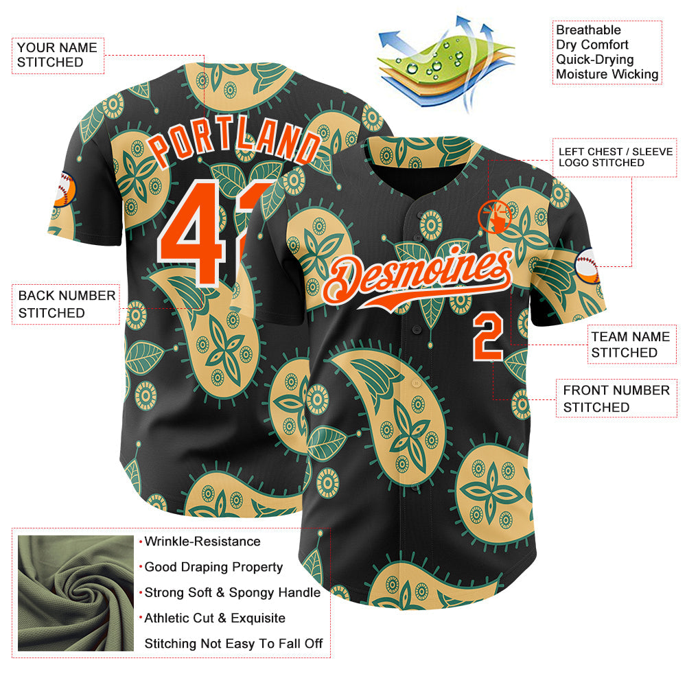 Custom Black Orange Yellow Green-White Burning Man Paisley Bandana Rave Authentic Baseball Jersey