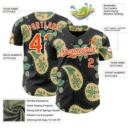 Custom Black Orange Yellow Green-White Burning Man Paisley Bandana Rave Authentic Baseball Jersey
