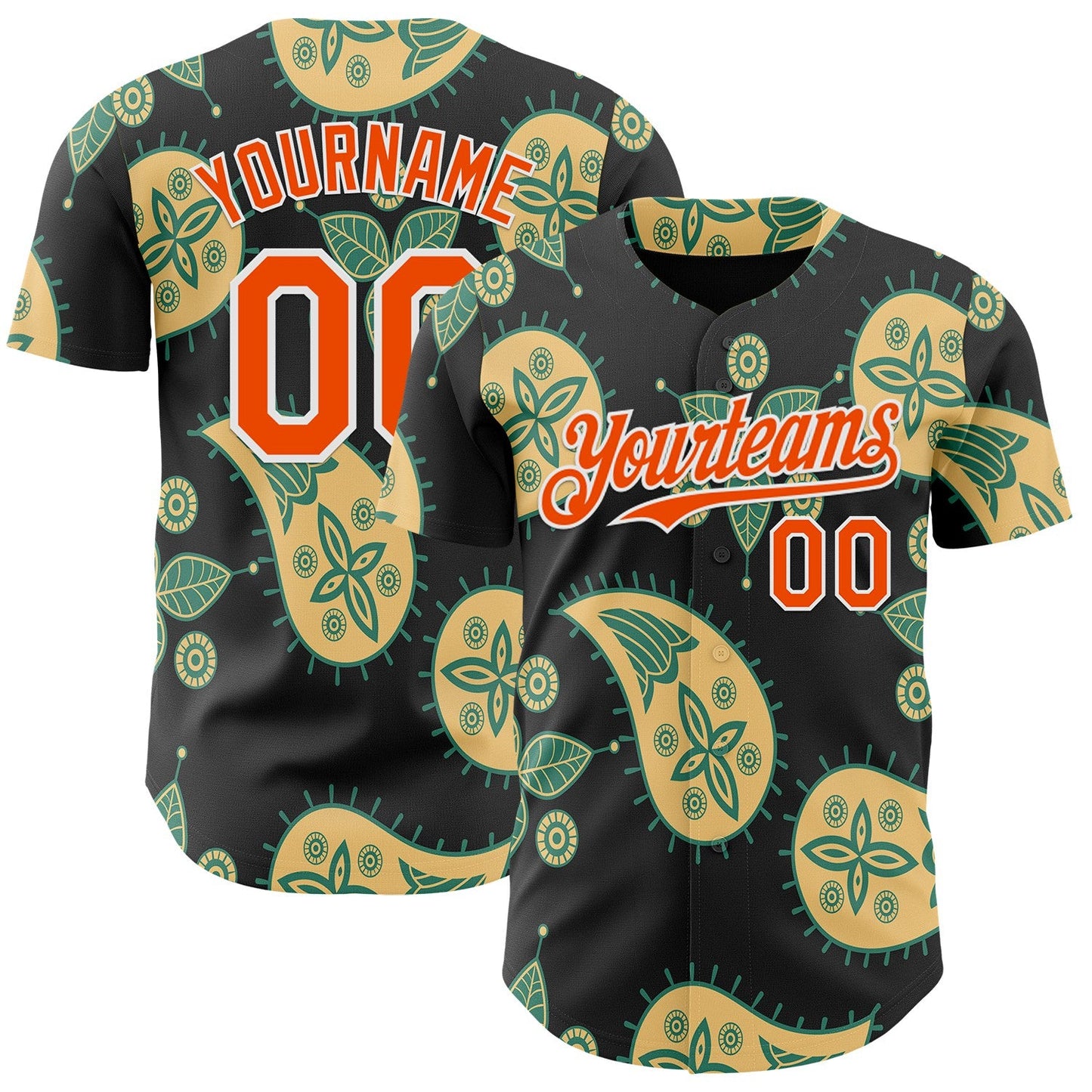 Custom Black Orange Yellow Green-White Burning Man Paisley Bandana Rave Authentic Baseball Jersey