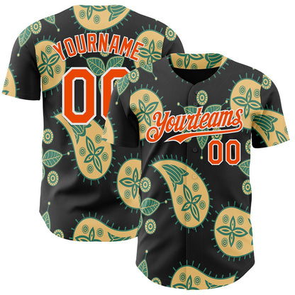 Custom Black Orange Yellow Green-White Burning Man Paisley Bandana Rave Authentic Baseball Jersey