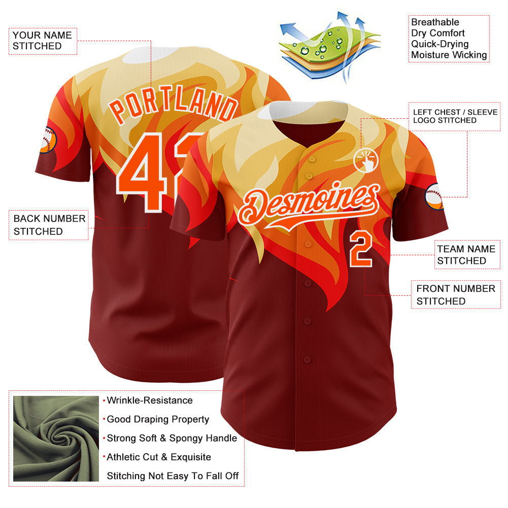 Custom Red Orange Yellow-White Burning Man Fire Desert Authentic Baseball Jersey