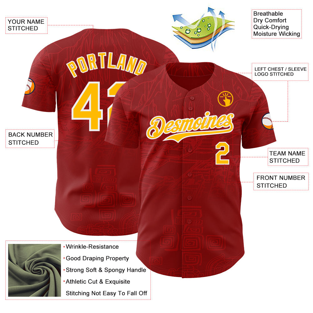 Custom Red Gold-White Burning Man Aztec Tribal Authentic Baseball Jersey