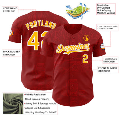 Custom Red Gold-White Burning Man Aztec Tribal Authentic Baseball Jersey
