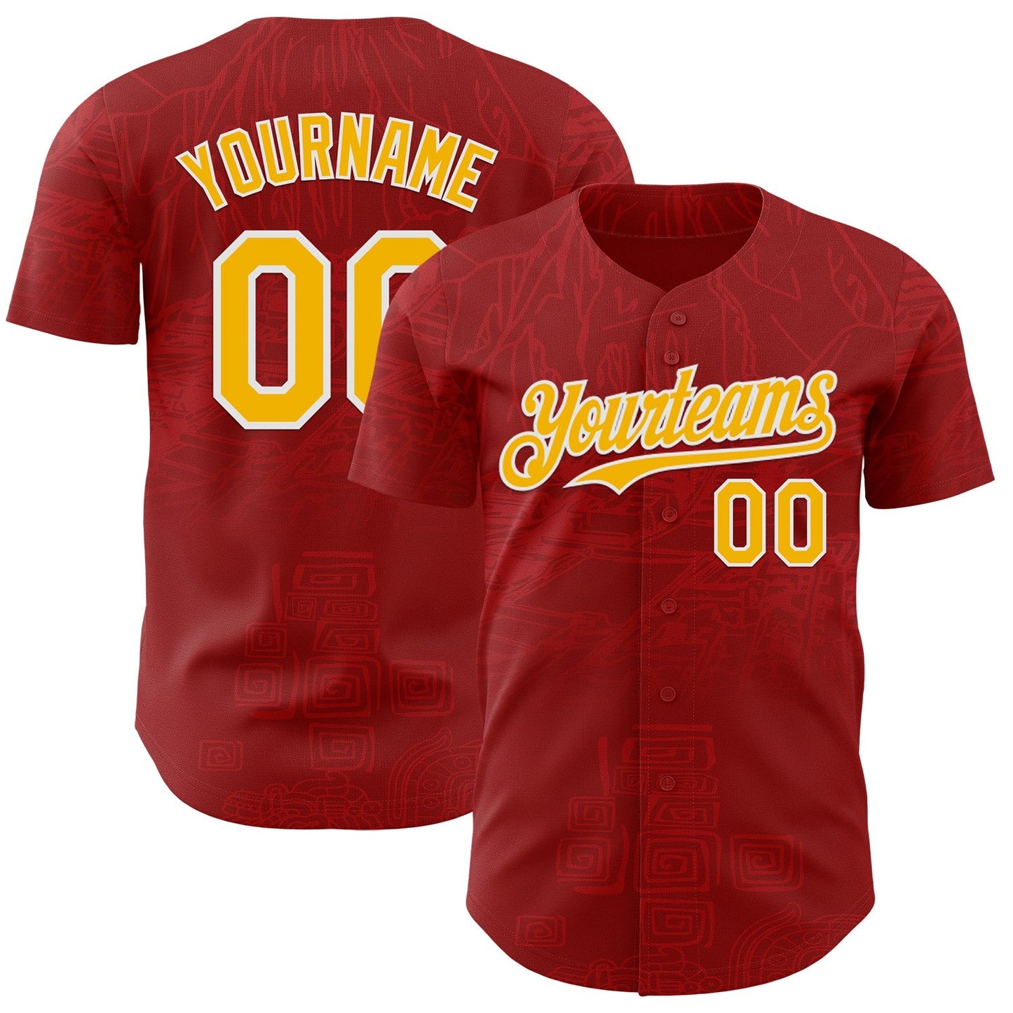 Custom Red Gold-White Burning Man Aztec Tribal Authentic Baseball Jersey