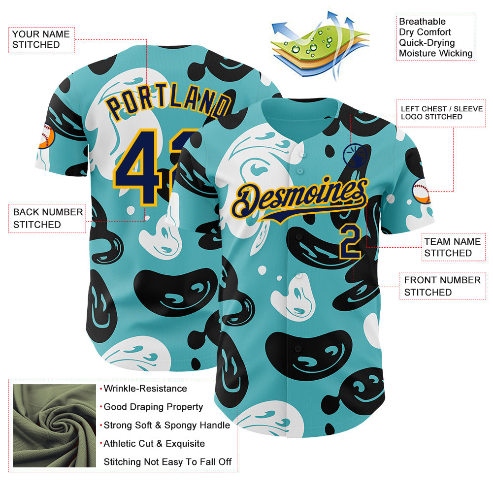 Custom Blue Navy-Gold Trippy Psychedelic Cartoon Rave Authentic Baseball Jersey