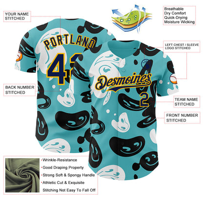Custom Blue Navy-Gold Trippy Psychedelic Cartoon Rave Authentic Baseball Jersey