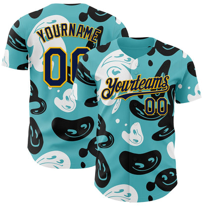 Custom Blue Navy-Gold Trippy Psychedelic Cartoon Rave Authentic Baseball Jersey