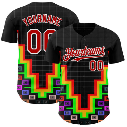 Custom Black Red-White Vaporwave Pixel Geometric Authentic Baseball Jersey