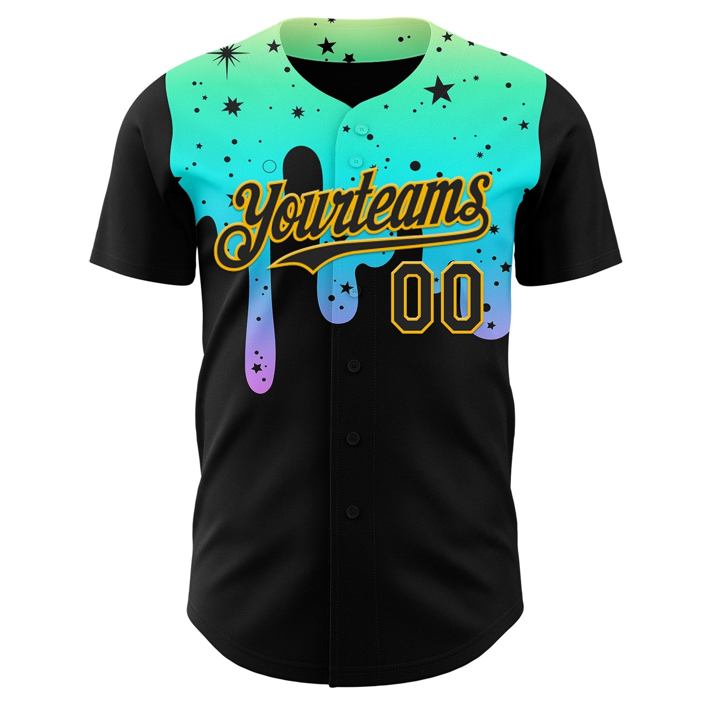 Custom Black Green-Gold Psychedelic Starry Melting Dripping Authentic Baseball Jersey