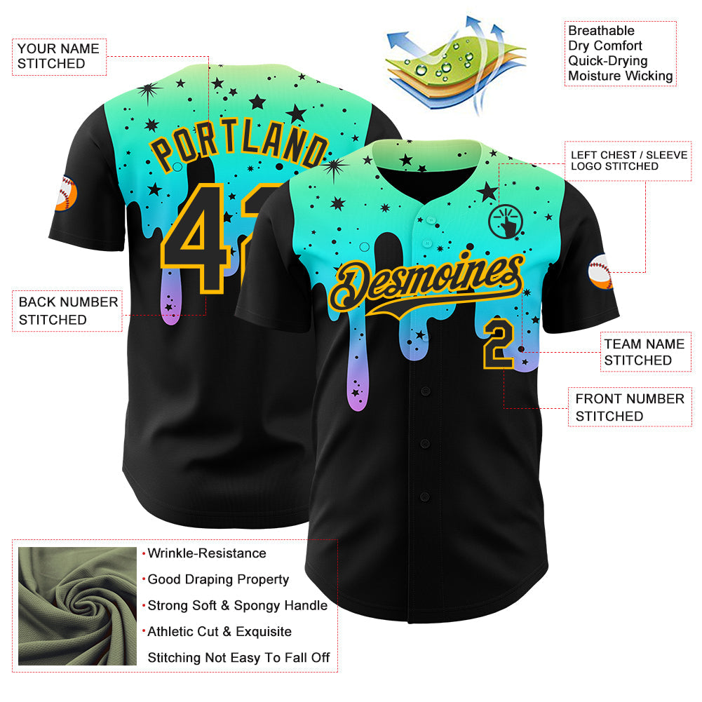 Custom Black Green-Gold Psychedelic Starry Melting Dripping Authentic Baseball Jersey