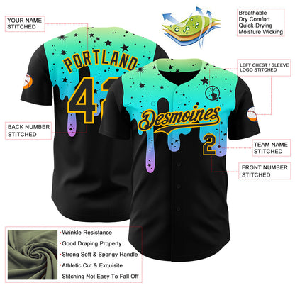 Custom Black Green-Gold Psychedelic Starry Melting Dripping Authentic Baseball Jersey