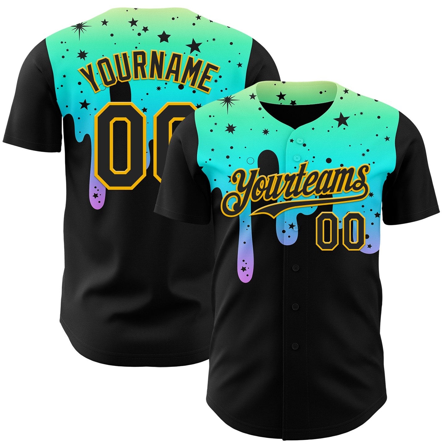 Custom Black Green-Gold Psychedelic Starry Melting Dripping Authentic Baseball Jersey