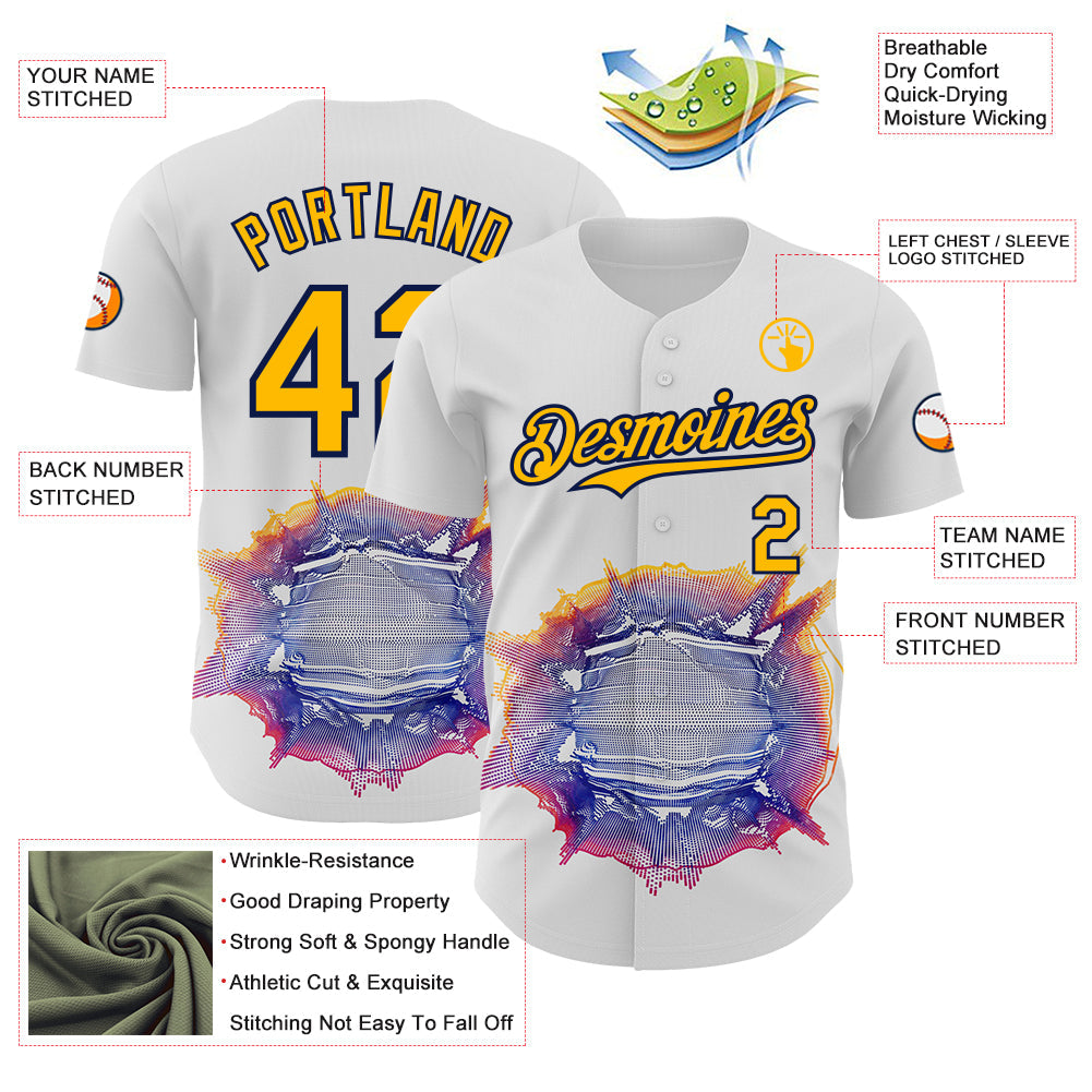Custom White Gold-Navy Burning Man Music Wave Authentic Baseball Jersey