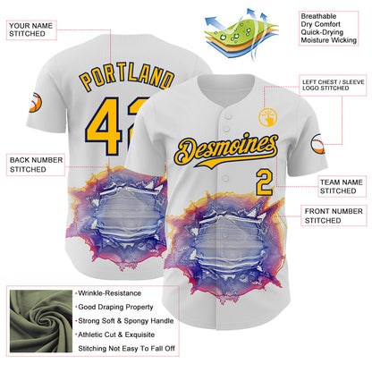 Custom White Gold-Navy Burning Man Music Wave Authentic Baseball Jersey
