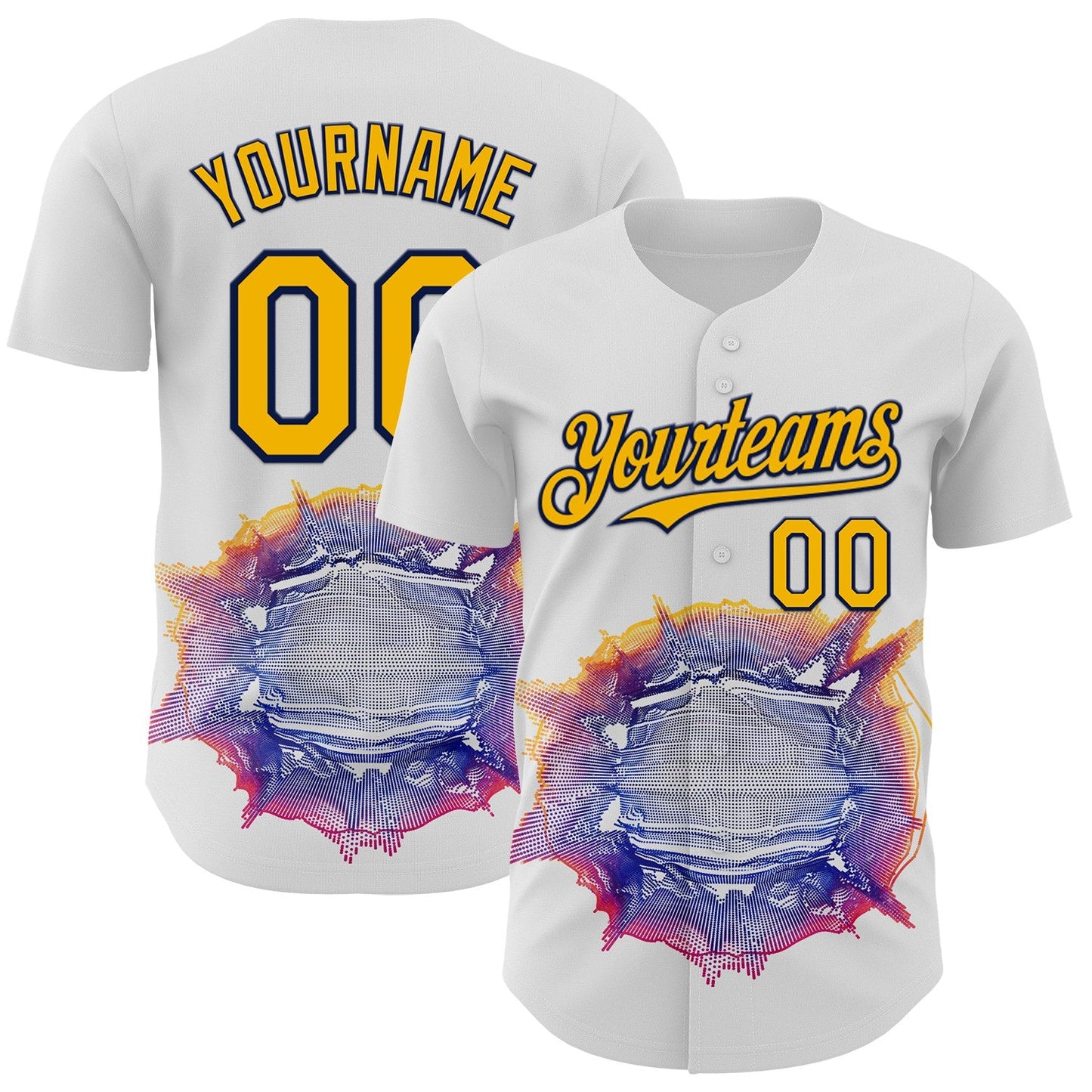 Custom White Gold-Navy Burning Man Music Wave Authentic Baseball Jersey