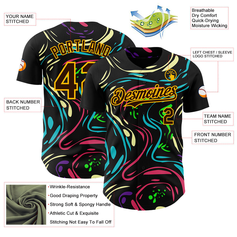 Custom Black Brown-Gold Burning Man Trippy Fluid Liquid Authentic Baseball Jersey