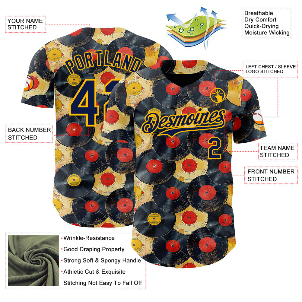Custom Black Navy-Gold Burning Man Music Record Authentic Baseball Jersey