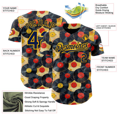 Custom Black Navy-Gold Burning Man Music Record Authentic Baseball Jersey