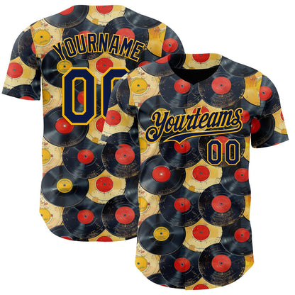 Custom Black Navy-Gold Burning Man Music Record Authentic Baseball Jersey