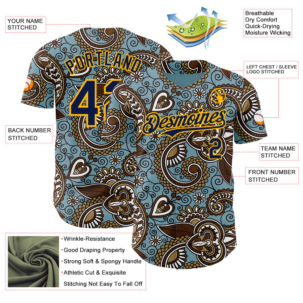 Custom Blue Navy-Gold Burning Man Paisley Bandana Rave Authentic Baseball Jersey