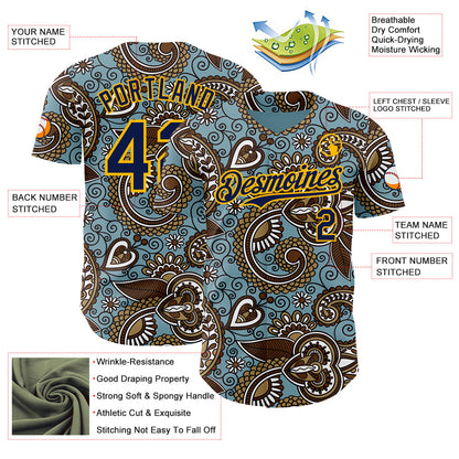 Custom Blue Navy-Gold Burning Man Paisley Bandana Rave Authentic Baseball Jersey