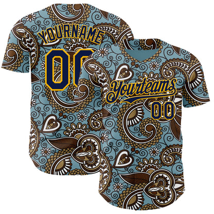 Custom Blue Navy-Gold Burning Man Paisley Bandana Rave Authentic Baseball Jersey