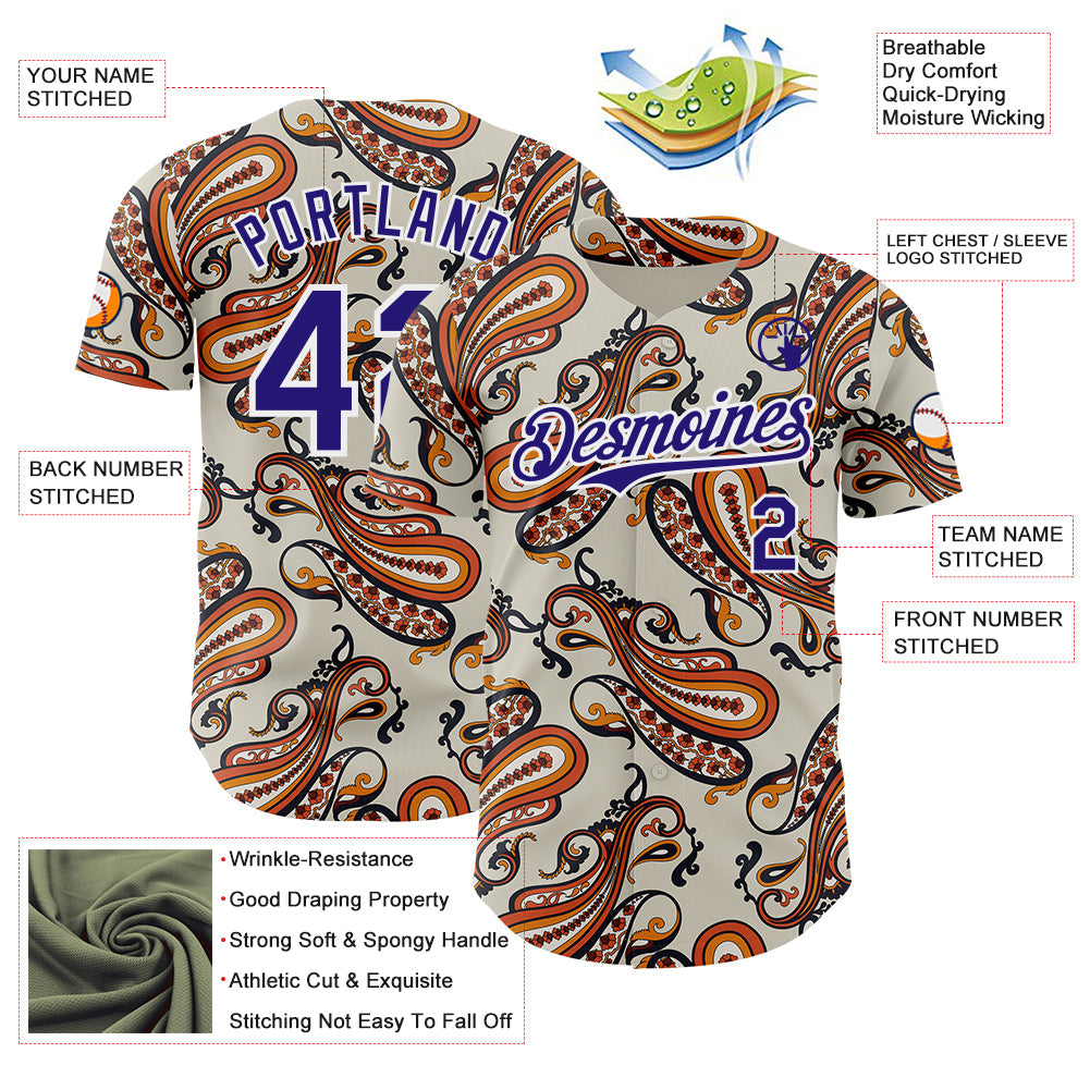 Custom White-Dark Purple Burning Man Paisley Bandana Rave Authentic Baseball Jersey