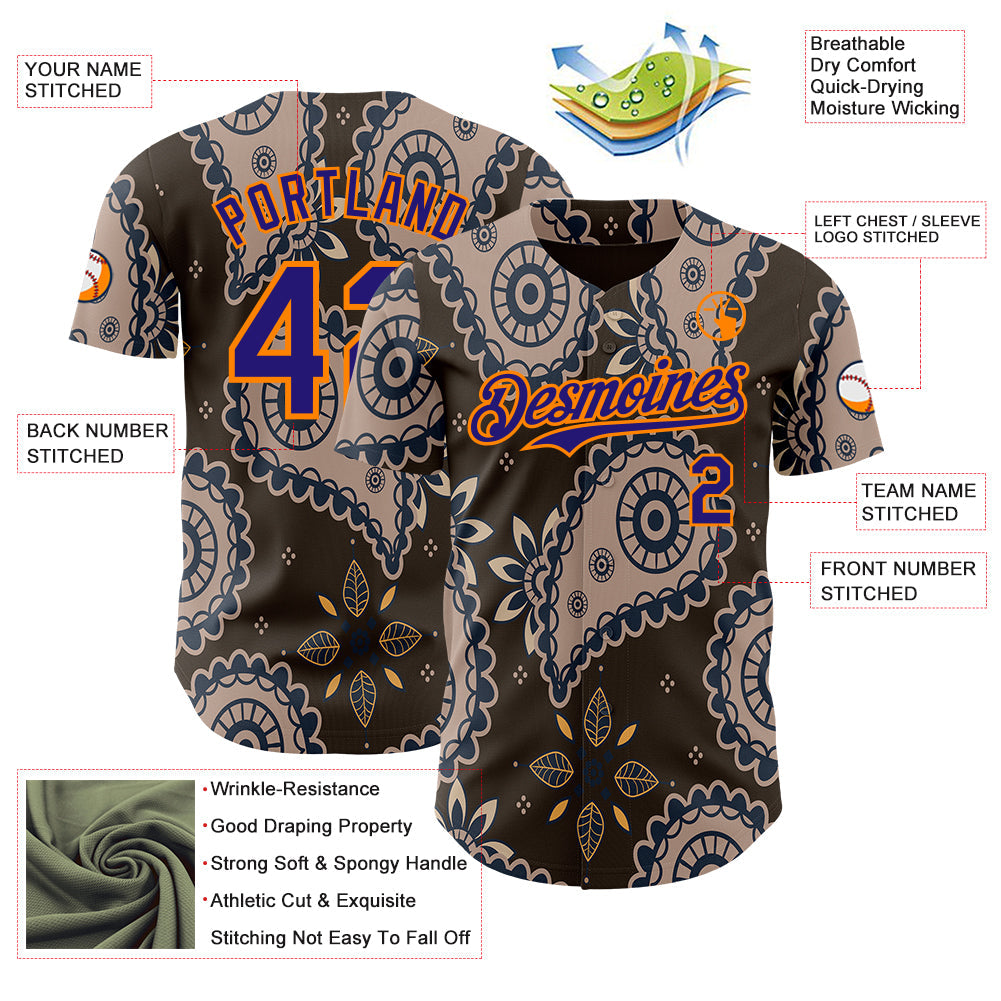 Custom Brown Dark Purple-Bay Orange Burning Man Paisley Bandana Rave Authentic Baseball Jersey