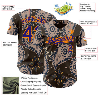 Custom Brown Dark Purple-Bay Orange Burning Man Paisley Bandana Rave Authentic Baseball Jersey