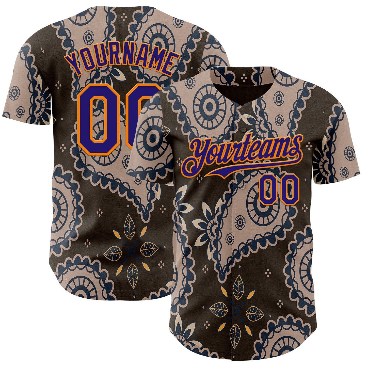 Custom Brown Dark Purple-Bay Orange Burning Man Paisley Bandana Rave Authentic Baseball Jersey