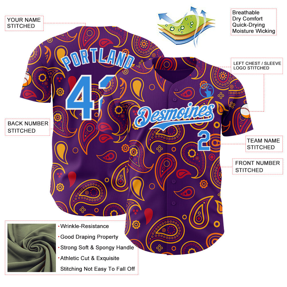 Custom Purple Electric Blue-White Burning Man Paisley Bandana Rave Authentic Baseball Jersey
