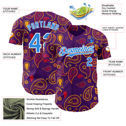 Custom Purple Electric Blue-White Burning Man Paisley Bandana Rave Authentic Baseball Jersey