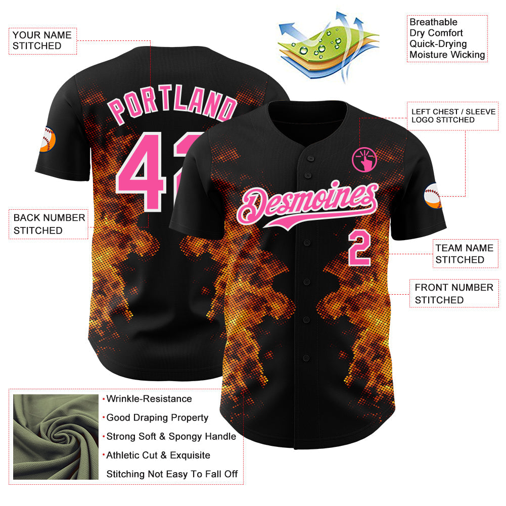 Custom Black Pink Yellow-White Burning Man Fire Authentic Baseball Jersey
