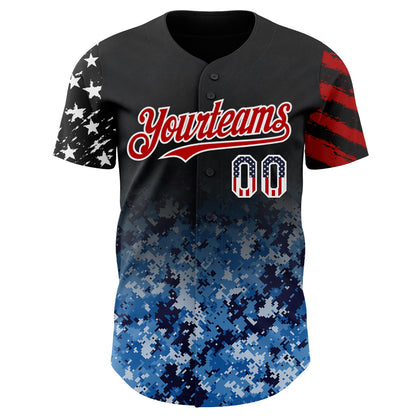 Custom Black USA Flag Camo White-Red Gradient Digital Camouflage Stars & Stripes Two Tone Authentic Baseball Jersey