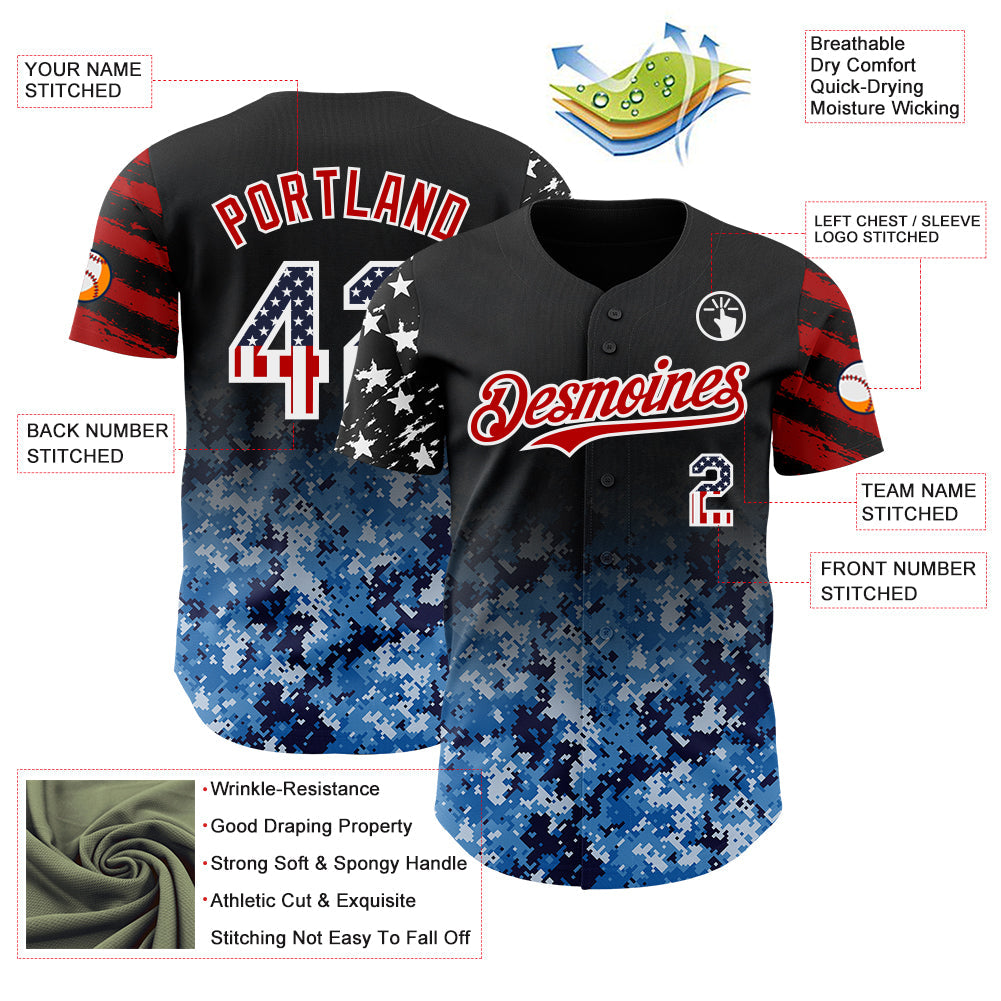 Custom Black USA Flag Camo White-Red Gradient Digital Camouflage Stars & Stripes Two Tone Authentic Baseball Jersey