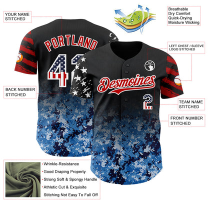 Custom Black USA Flag Camo White-Red Gradient Digital Camouflage Stars & Stripes Two Tone Authentic Baseball Jersey
