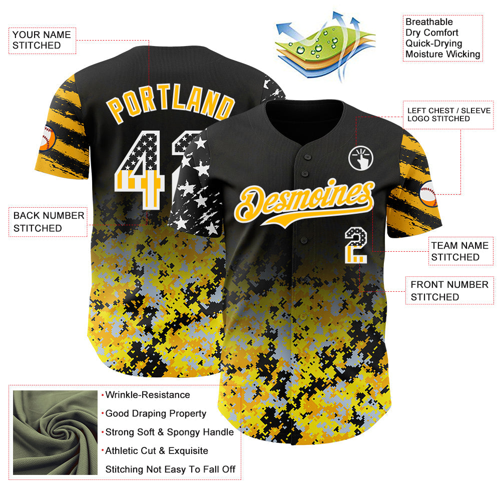 Custom Black USA Flag Camo White-Gold Gradient Digital Camouflage Stars & Stripes Two Tone Authentic Baseball Jersey