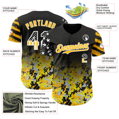 Custom Black USA Flag Camo White-Gold Gradient Digital Camouflage Stars & Stripes Two Tone Authentic Baseball Jersey