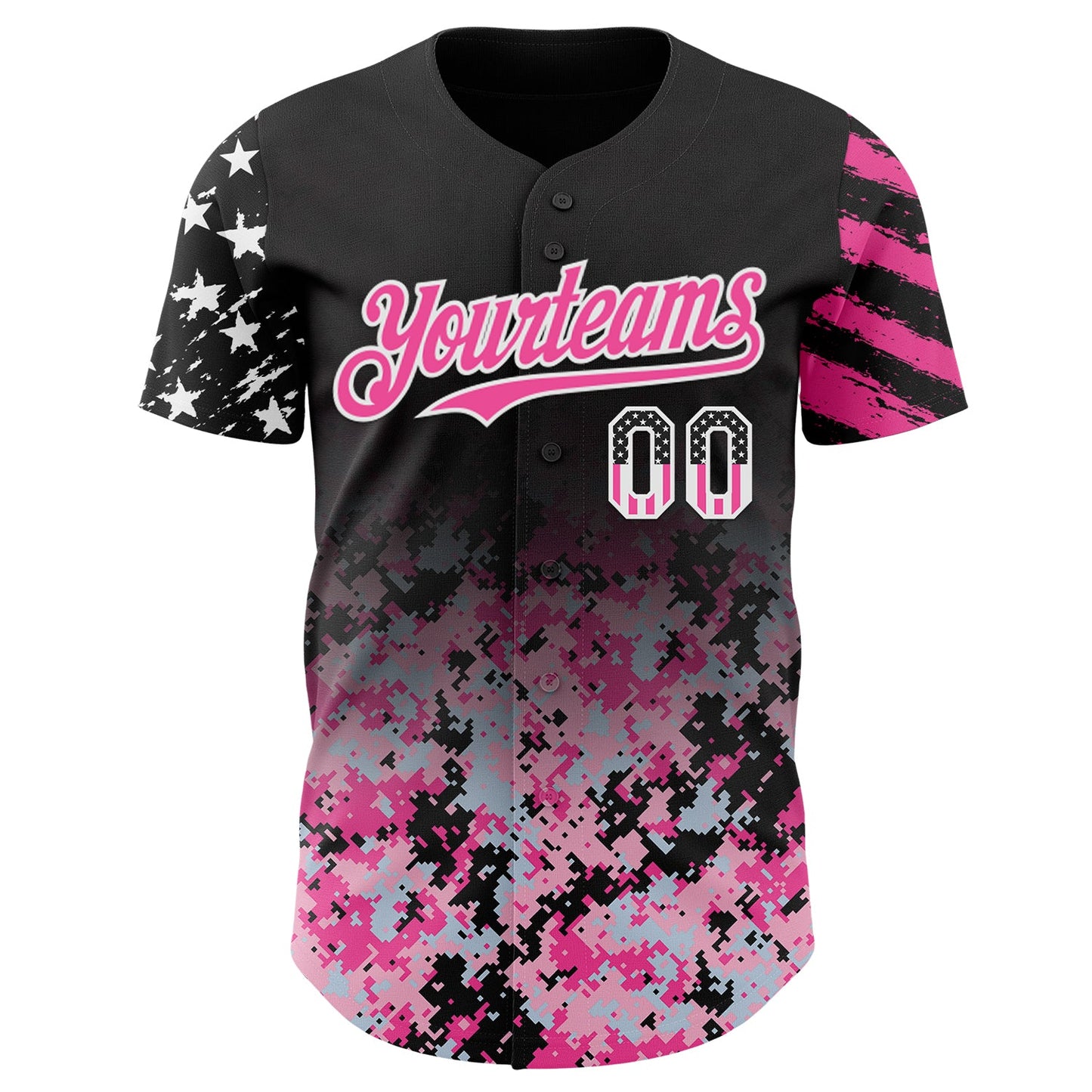 Custom Black USA Flag Camo White-Pink Gradient Digital Camouflage Stars & Stripes Two Tone Authentic Baseball Jersey