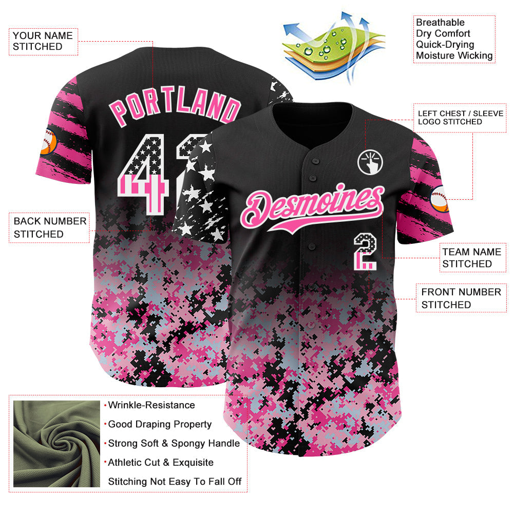 Custom Black USA Flag Camo White-Pink Gradient Digital Camouflage Stars & Stripes Two Tone Authentic Baseball Jersey