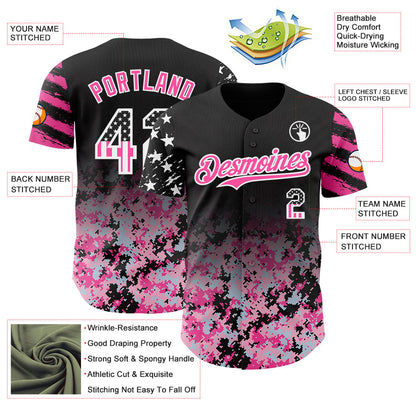 Custom Black USA Flag Camo White-Pink Gradient Digital Camouflage Stars & Stripes Two Tone Authentic Baseball Jersey