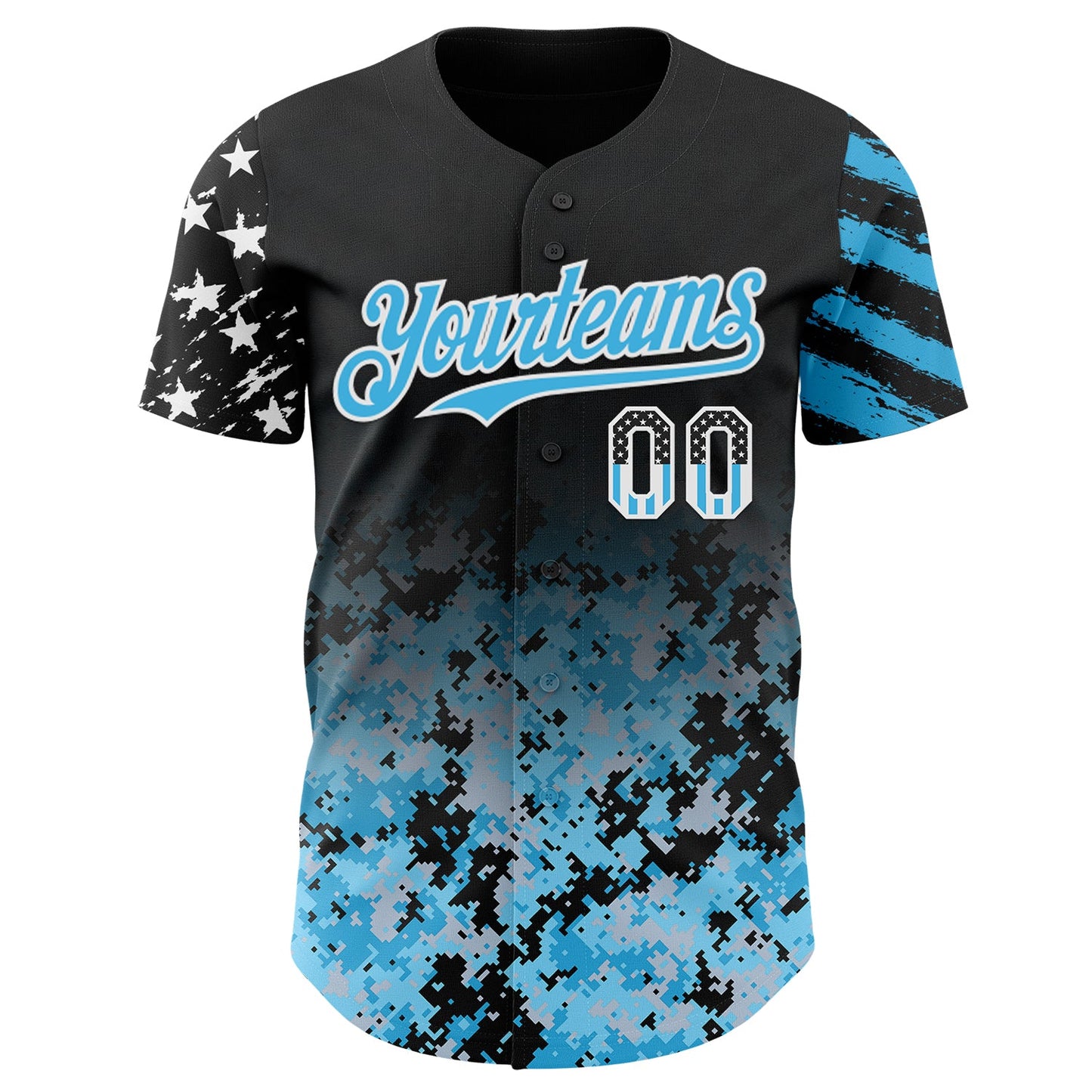 Custom Black USA Flag Camo White-Sky Blue Gradient Digital Camouflage Stars & Stripes Two Tone Authentic Baseball Jersey